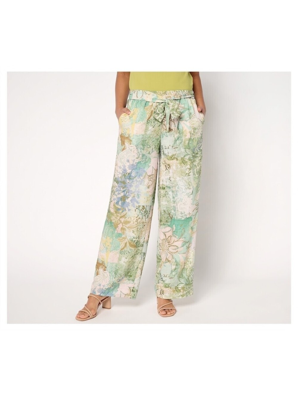 Susan Graver Regular Printed Dove Twill Wide-Leg Pants With Tie Palm, X-Large